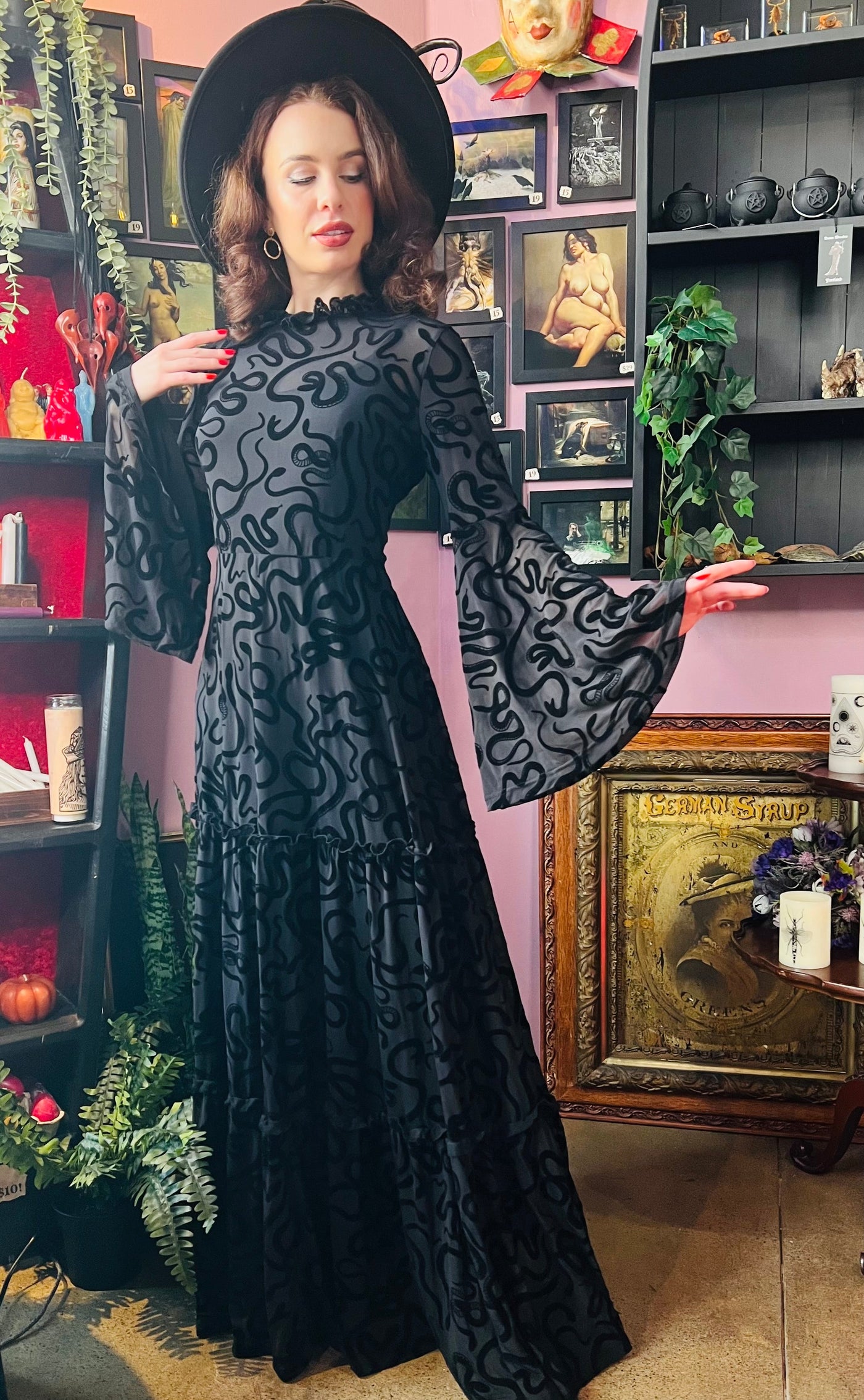 Sloane Velvet Flocked Snake Maxi Dress with Bell Sleeves PREORDER