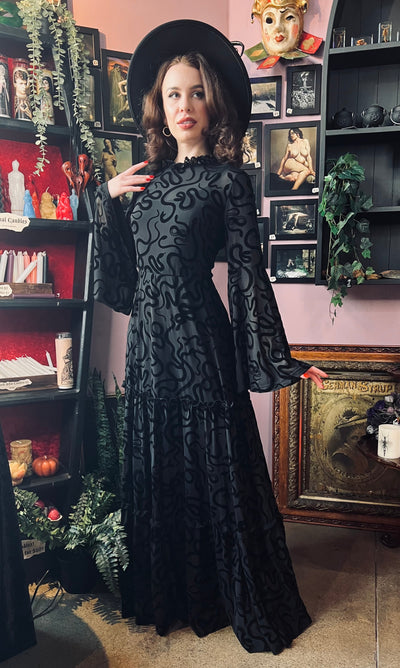 Sloane Velvet Flocked Snake Maxi Dress with Bell Sleeves PREORDER