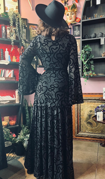 Sloane Velvet Flocked Snake Maxi Dress with Bell Sleeves PREORDER