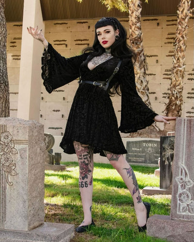 Nyx Bell Sleeved Velvet Damask Dress with Harness