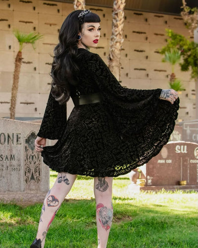 Nyx Bell Sleeved Velvet Damask Dress with Harness