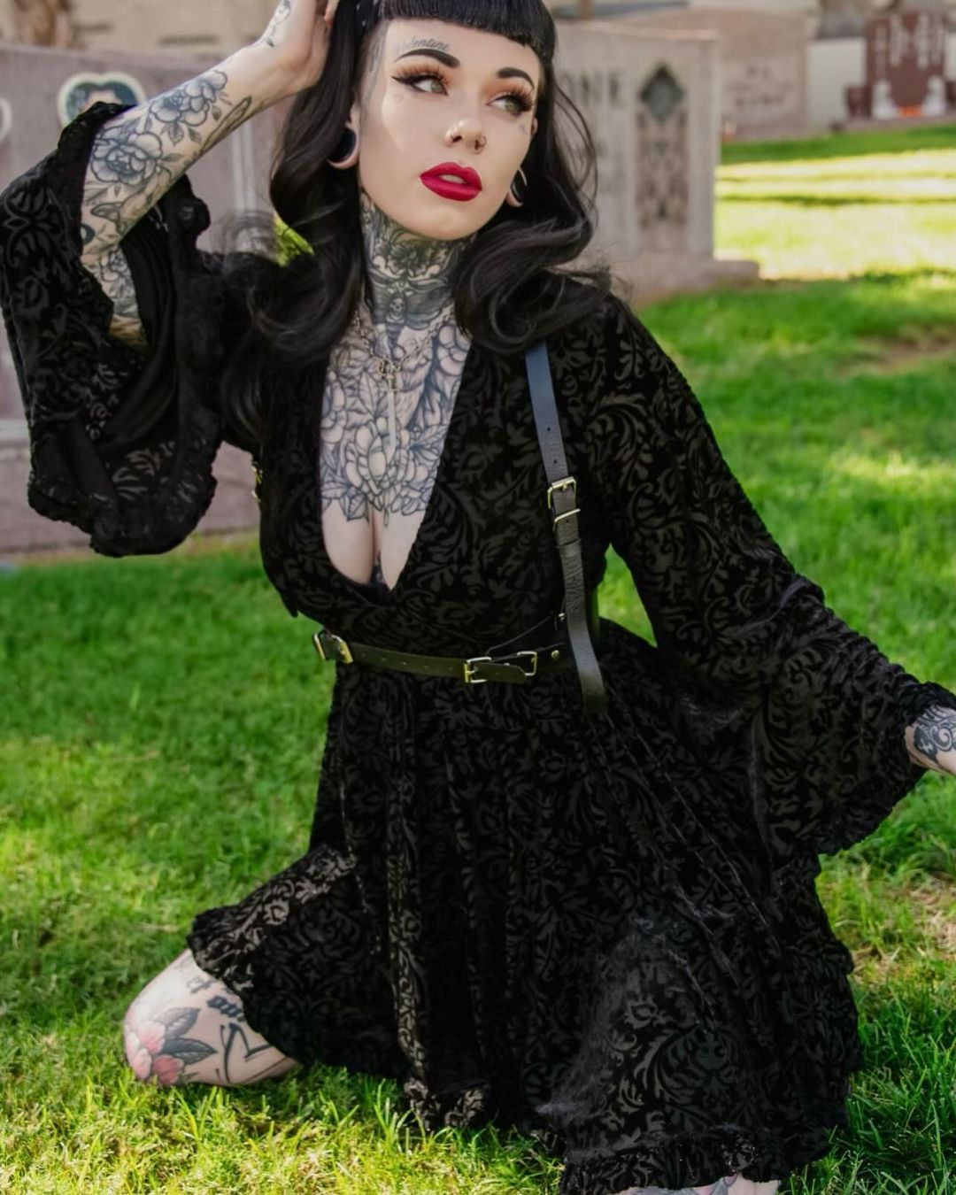 Nyx Bell Sleeved Velvet Damask Dress with Harness